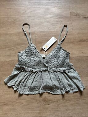 Peplum tank top - light sage green lace flowy crop top NWT